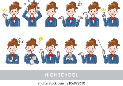 High school girl facial expression material illustration set