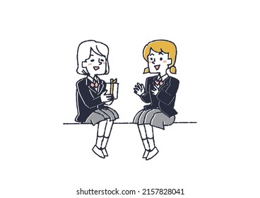  High school girl giving a present to a friend Comical handwritten person Vector, warm line drawing
