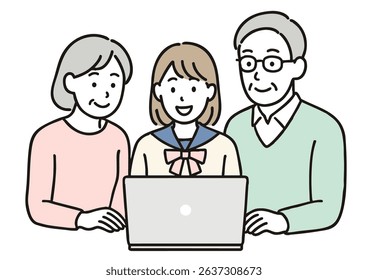 High School Girl and Grandparents Watching Laptop Together – Family Time　on white background