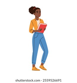 High school girl holding books. Education concept. Hand drawn style.