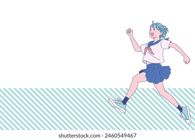 High school girl jumping energetically in summer clothes