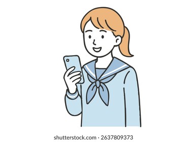 High school girl looking at a smartphone on white background