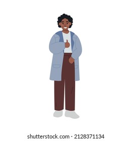 High school girl in modern stylish long outwear, cheering with big thumbs. Feel confident to be active in the modern era with the latest clothes. Flat vector illustration