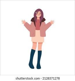 High school girl in modern stylish warm winter clothes, waving both hands. Feel confident to be active in the modern era with the latest clothes. Flat vector illustration