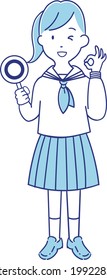 A high school girl in a sailor suit who raises the correct answer and the 〇 tag