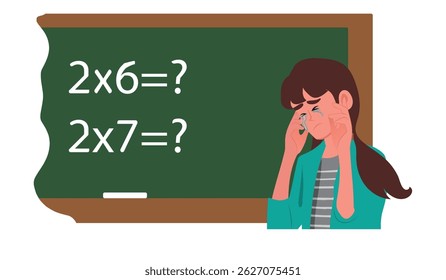 Garota do ensino médio em pé perto do quadro-negro, sentindo-se chateada devido à dificuldade com uma atividade de matemática e dificuldades de aprendizagem, ilustração vetorial.