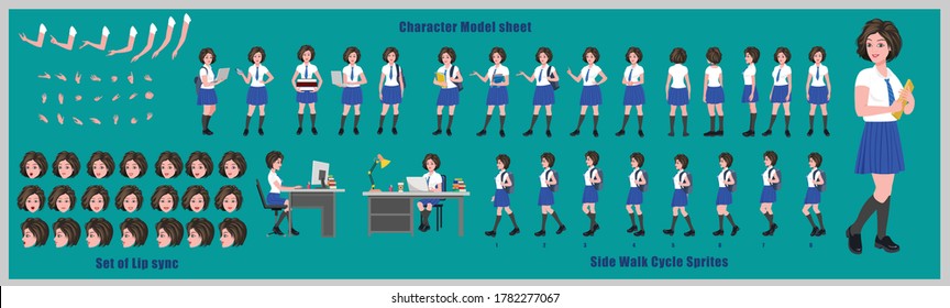 High School Girl Student Character Design Model Sheet With Walk Cycle Animation. Girl Character Design. Front, Side, Back View And Explainer Animation Poses. Character Set And Lip Sync