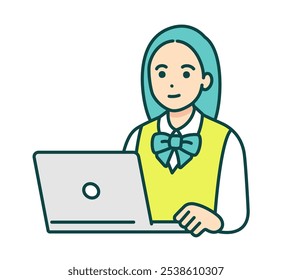 Garota do ensino médio estudando no computador. Ilustração vetorial de uma garota simples.