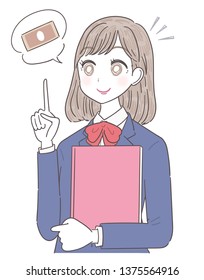A high school girl is thinking about money