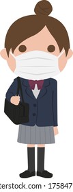 A High School Girl In Uniform. Illustration That Masks School Attendance To Prevent Infection.