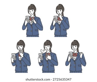 Chica de la escuela secundaria que usa el teléfono inteligente con varias emociones