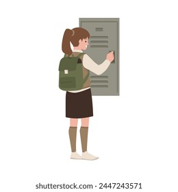 High school girl in vector style: a young girl in a uniform with a brown vest, skirt, knee socks and a green backpack opens a locker. Icon for educational design