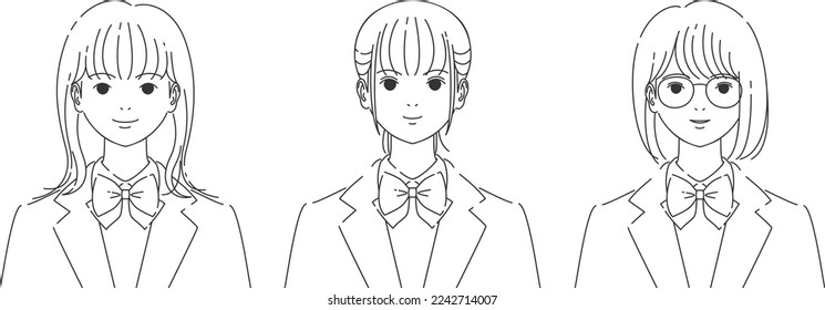 High school girl's front face set | Line art
