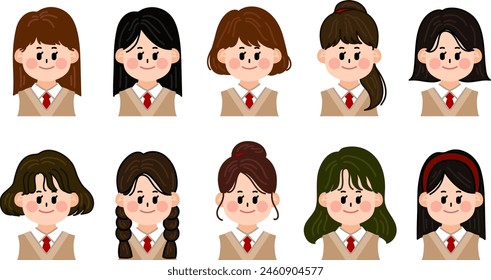 High school girls in school uniforms. Various hairstyles and faces.
Set of people, Set of faces