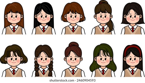 High school girls in school uniforms. Various hairstyles and faces. Set of people, Set of faces