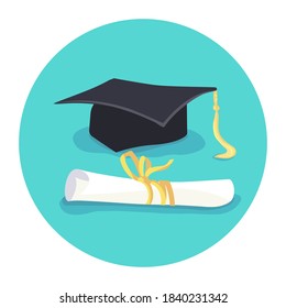 High school graduate hat, master s headdress, badge of the prom celebration symbol. Attributes of the graduation celebration.