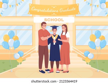 High school graduate with mom, dad flat color vector illustration. 2D simple cartoon family congratulating with decorated school yard on background. Dancing Script, 