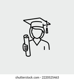 High School Graduate Student with Academic Cap and Diploma Vector Line Icon