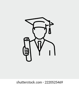 High School Graduate Student with Academic Cap and Diploma Vector Line Icon