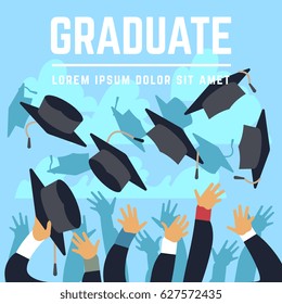 High school graduating students throw black graduation caps up in sky vector illustration