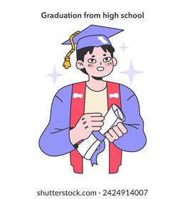 High school graduation. Celebration and diploma awarding ceremony. Happy student with a education certificate. Teenager years life milestones. Flat vector illustration