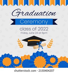 High school graduation ceremony and party invitation template. Greeting card concept for social media. Graduation cap with diploma and blue decoration. Vector illustration