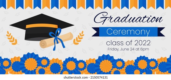 High school graduation ceremony and party invitation template. Greeting card concept for social media. Graduation cap with diploma and blue decoration. Vector illustration banner