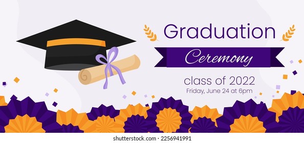 High school graduation ceremony and party invitation template. Greeting card concept for social media. Graduation cap with diploma and purple decoration. Vector illustration banner.
