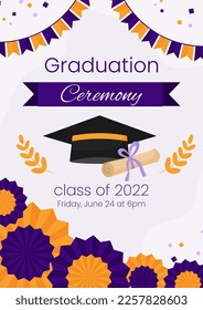 High school graduation ceremony and party invitation template. Greeting card concept for social media. Graduation cap with diploma and purple decoration. Vector illustration flyer.