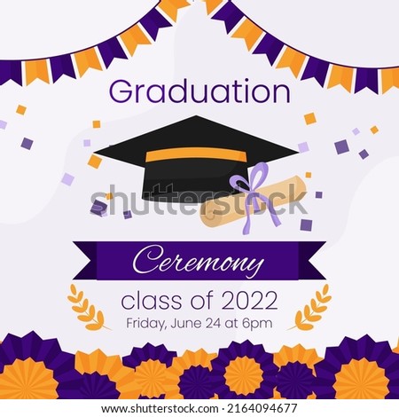 High school graduation ceremony and party invitation template. Greeting card concept for social media. Graduation cap with diploma and purple decoration. Vector illustration