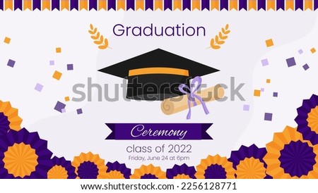High school graduation ceremony and party invitation template. Greeting card concept for social media. Graduation cap with diploma and purple decoration. Vector illustration banner