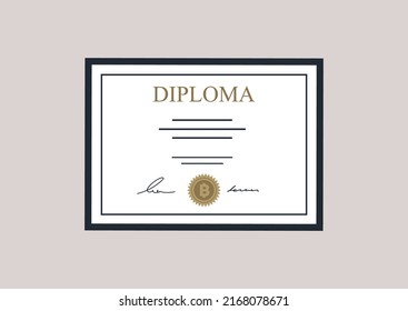 A High School Graduation Certificate Template, A Sealed And Signed Diploma With A Bitcoin Stamp, A Crypto Currency Education