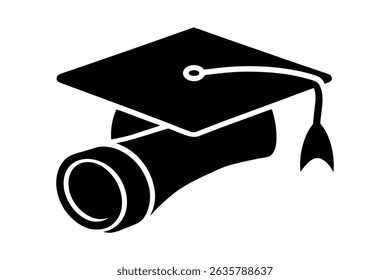 High school graduation hat and diploma silhouette vector illustration
