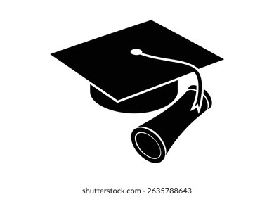 High school graduation hat and diploma silhouette vector illustration