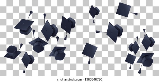 High school graduation hats mortarboard fly up on transparent background. Vector illustration isolated