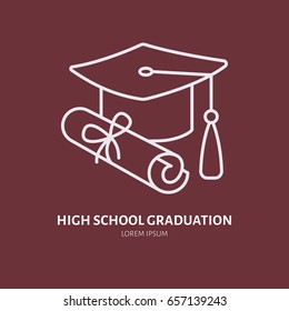 High School Graduation Line Icon. Linear Illustration Of College Diploma Scroll And Traditional Hat.