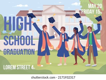 High school graduation party flat vector banner template. Education. Student festive event poster, leaflet printable color designs. Editable flyer page with text space. Bebas Neue used