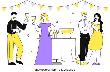 High school graduation party linear. Men and women with glasses with champagne. Event and disco. Students finish education in college or university. Doodle flat vector illustration