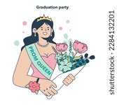High school graduation or prom. Celebration ball or dance at end of the academic year. Happy prom queen in formal trendy dress having fun. Flat vector illustration