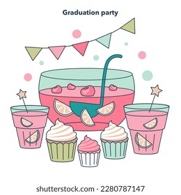 High school graduation or prom. Celebration ball or dance at end of the academic year. Bowl of punch and sweets, graduation party atribute. Flat vector illustration