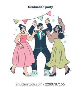 High school graduation or prom. Celebration ball or dance at end of the academic year. Happy students in formal clothes having fun with classmates. Flat vector illustration