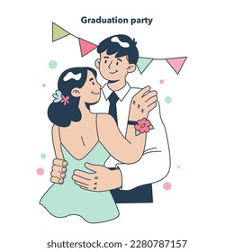 High school graduation or prom. Celebration ball or dance at end of the academic year. Happy students in formal clothes having fun with classmates. Flat vector illustration