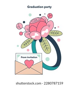 High school graduation or prom. Celebration ball or dance at end of the academic year. Prom invitation and boutonniere, graduation party atribute. Flat vector illustration