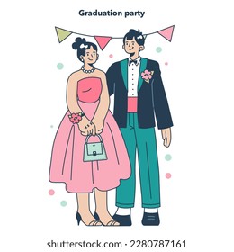 High school graduation or prom. Celebration ball or dance at end of the academic year. Happy students in formal clothes having fun with classmates. Flat vector illustration