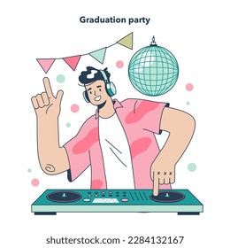 High school graduation or prom. Celebration ball or dance at end of the academic year. DJ standing at turntable mixer make music in the club. Flat vector illustration