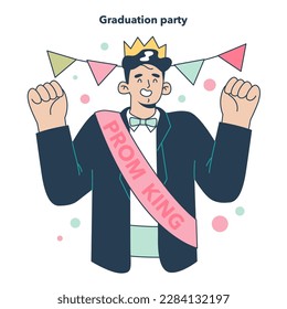 High school graduation or prom. Celebration ball or dance at end of the academic year. Happy prom king in formal clothes having fun. Flat vector illustration