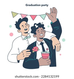 High school graduation or prom. Celebration ball or dance at end of the academic year. Happy students in formal clothes having fun with classmates. Flat vector illustration