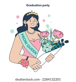 High school graduation or prom. Celebration ball or dance at end of the academic year. Happy prom queen in formal trendy dress having fun. Flat vector illustration