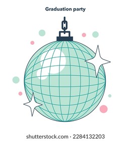 High school graduation or prom. Celebration ball or dance at end of the academic year. Disco ball, graduation party atribute. Dancing party with confetti. Flat vector illustration