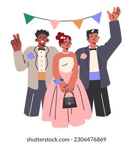 High school graduation or prom. Celebration ball or dance at end of the academic year. Classmates in formal clothes having fun with together. Close lifelong friendship idea. Flat vector illustration